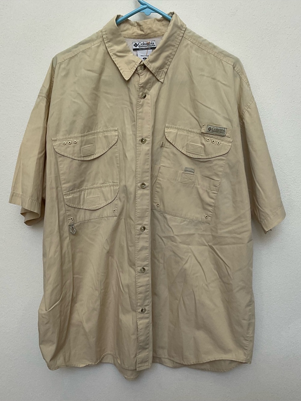 Columbia PFG Vented Beige Short Sleeve Button Down Outdoor Shirt Size XL Camping